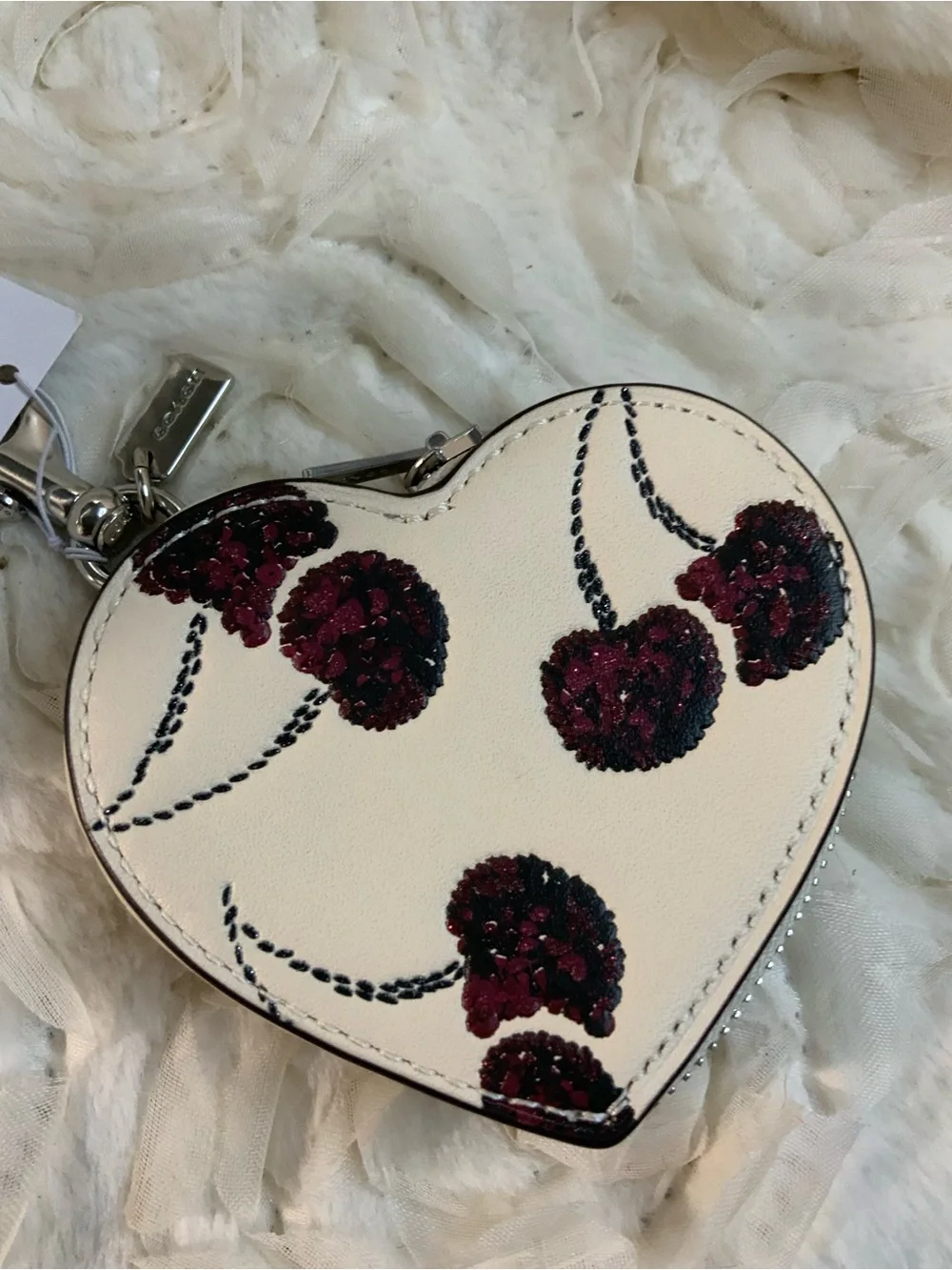 Coach Heart Coin Purse with Cherry Motif - Cream/Maroon